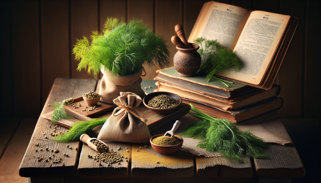 Epice de D : dill en grain, dill frais, sac et cuillère en bois.