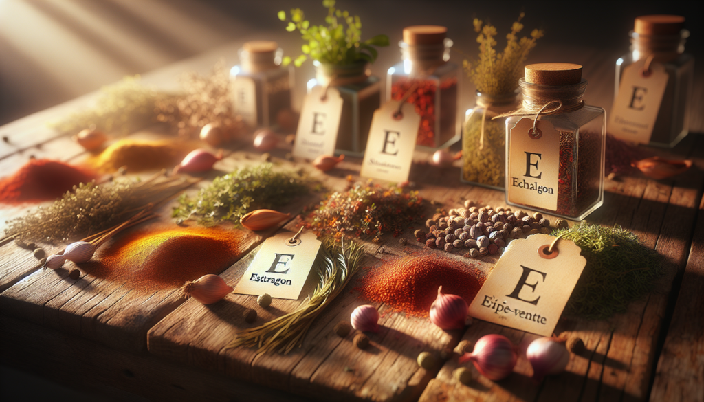 Image de table en bois rustique avec épices en E (estragon, échalote, épine-vinette) étiquetées à la main.