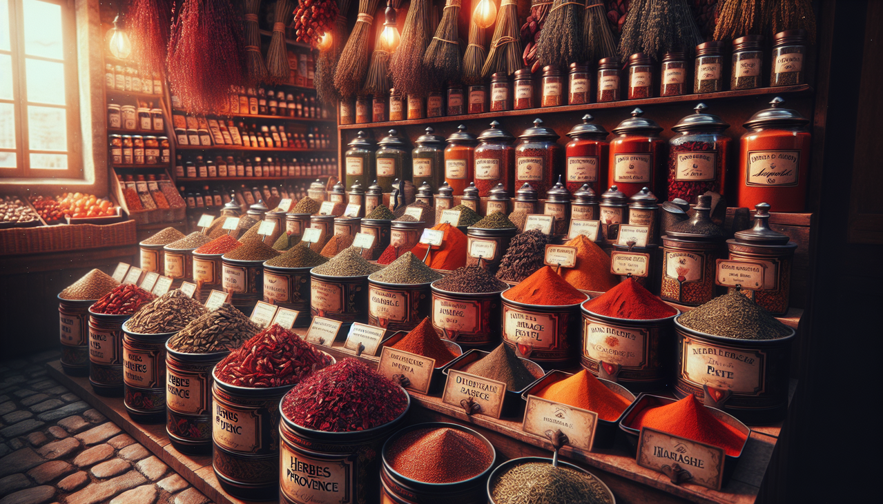 Epice Herbes H - Marché épices avec Herbes de Provence et Harissa en jars. Texture et étiquettes visibles en cursive. Profondeur avec herbes suspendues.