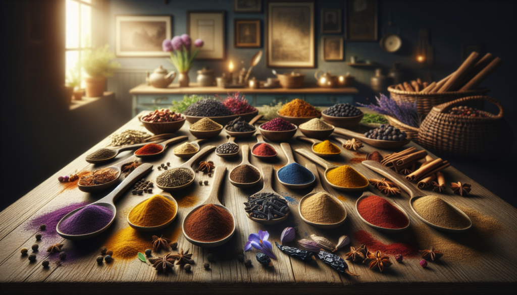 Epices de qualité en I sur table en bois, avec étiquettes élégantes en cursive.