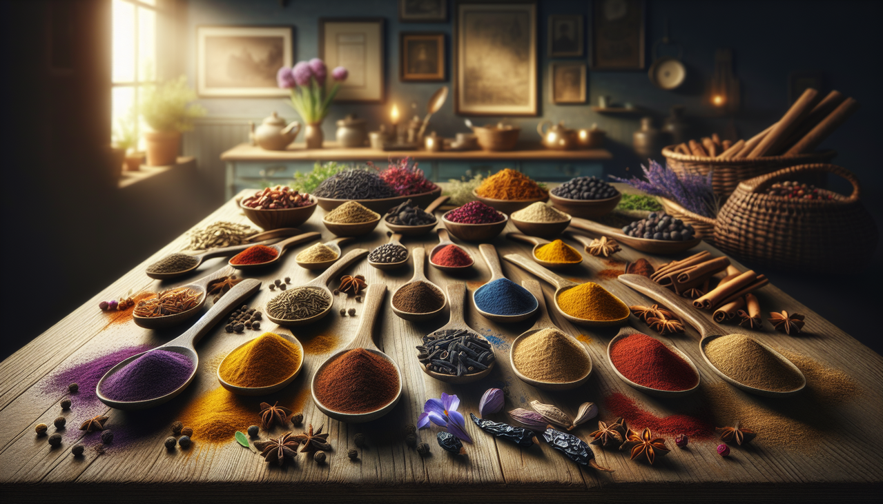 Epices de qualité en I sur table en bois, avec étiquettes élégantes en cursive.