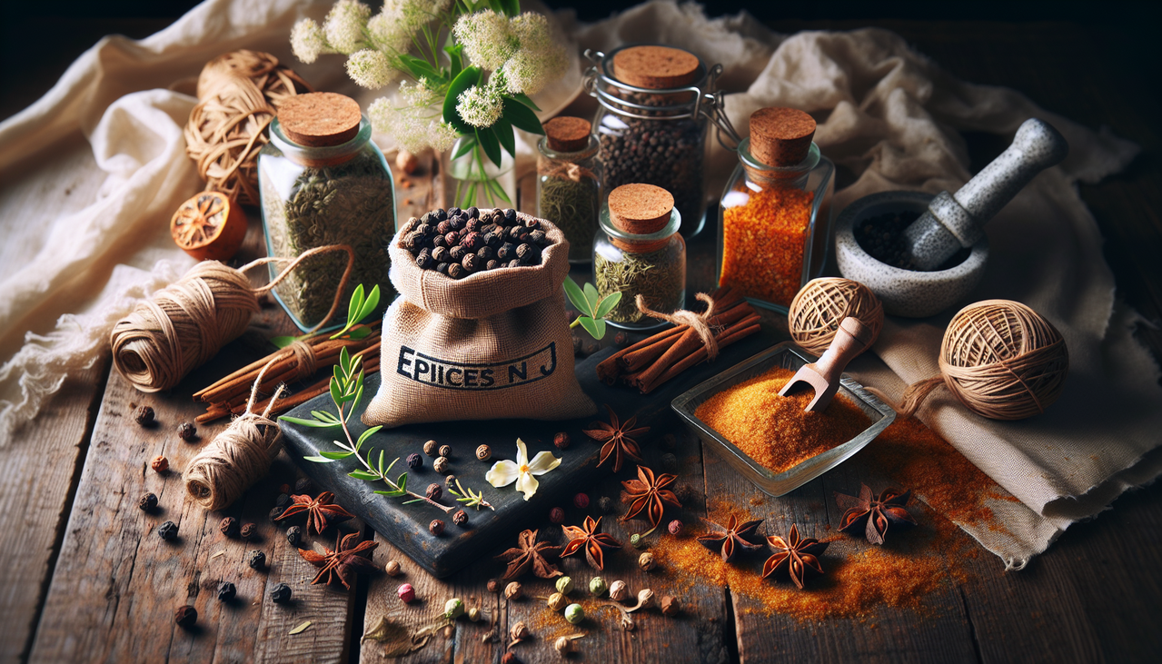 Affiche : "Épices en J - Genévrier, Jasmin, Gingembre" - Table en bois rustique.