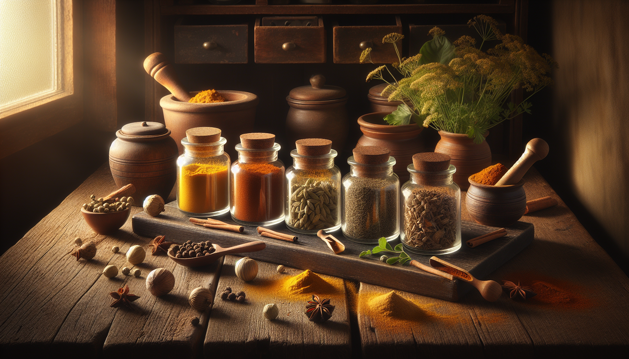 Epices en K sur table en bois : Kurkuma, Kardemom, Koriander. Aliments colorés et variés.