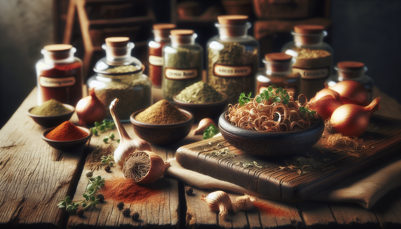 Epices oregano, orris root et onion powder sur table en bois rustique.
