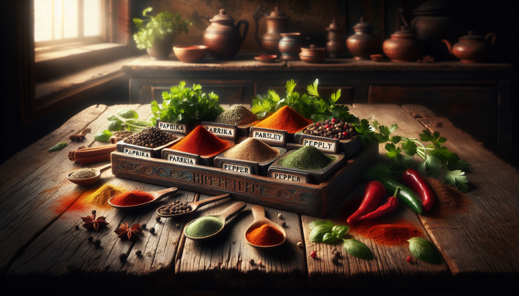 Epices en P sur tableau en bois rustique, vue aérienne, étiquettes élégantes, éclairage chaleureux.