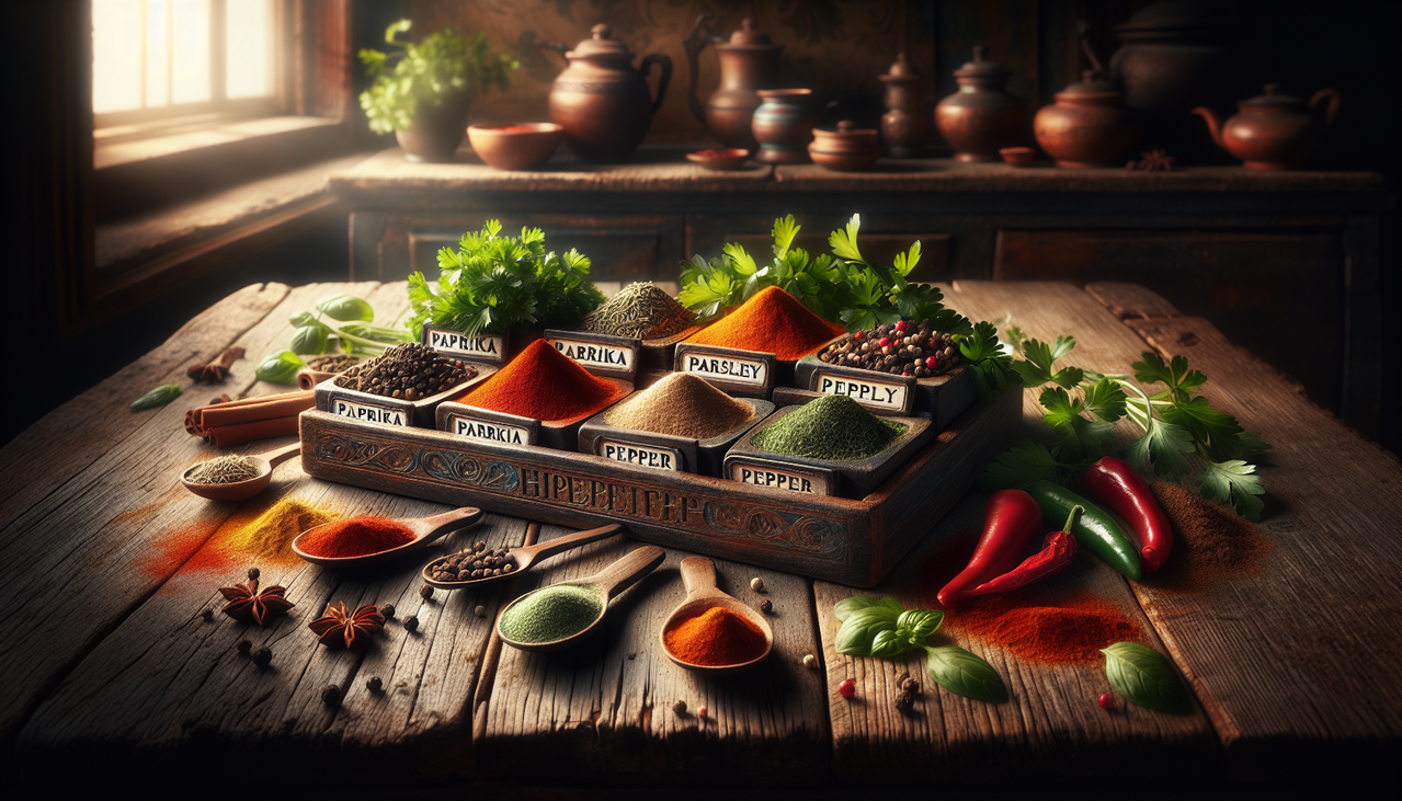 Epices en P sur tableau en bois rustique, vue aérienne, étiquettes élégantes, éclairage chaleureux.