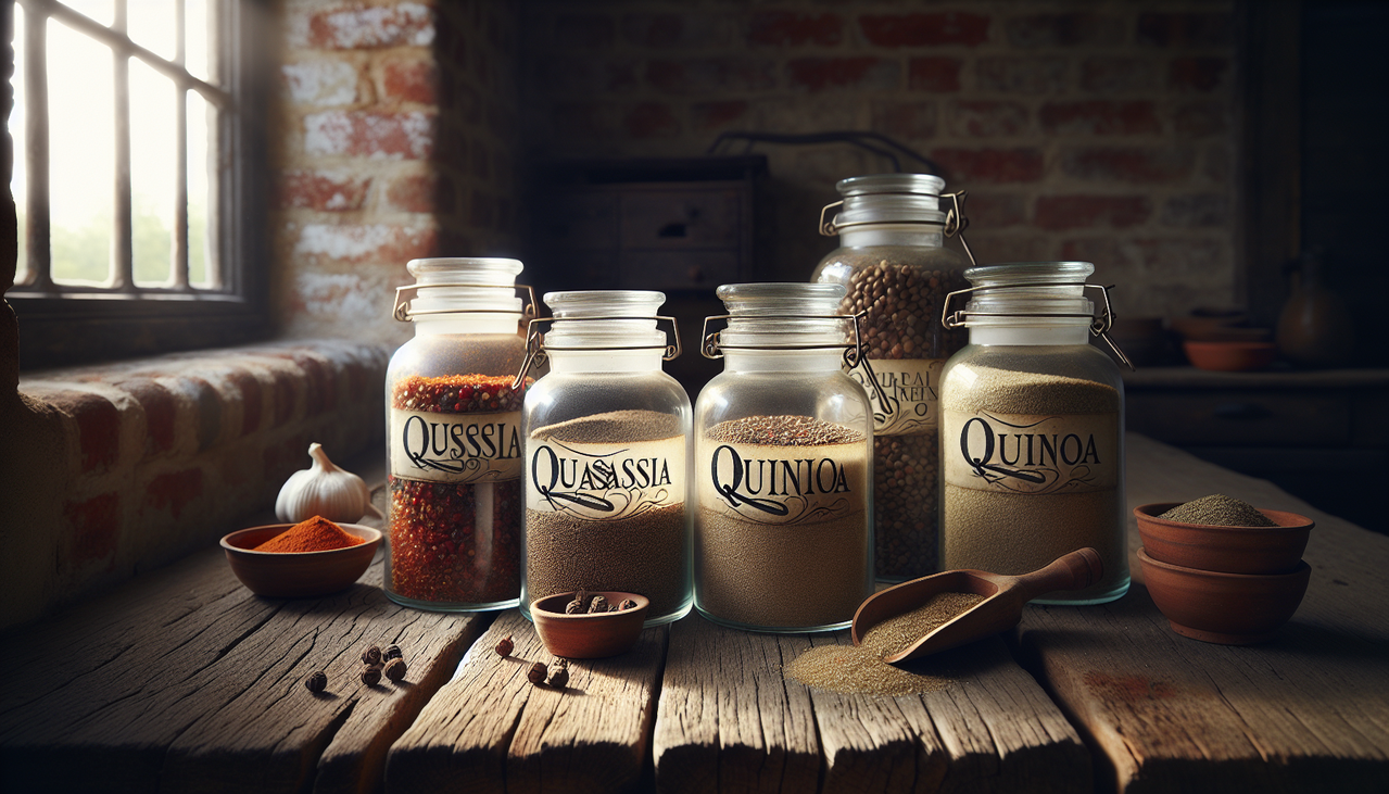 Épices Q exotiques en pots en verre sur table en bois avec écriture élégante.
