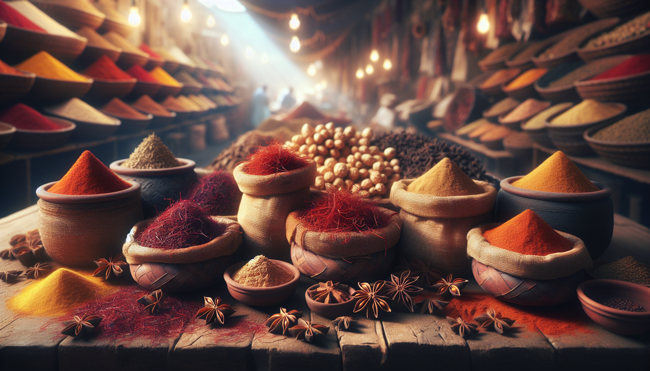 Epice en S sur étal marché. Variété d'épices: safran, anis étoilé, sumac. Éclairage naturel, textures authentiques. Spices market stall with S spices; saffron, star anise, sumac. Natural lighting, authentic textures.