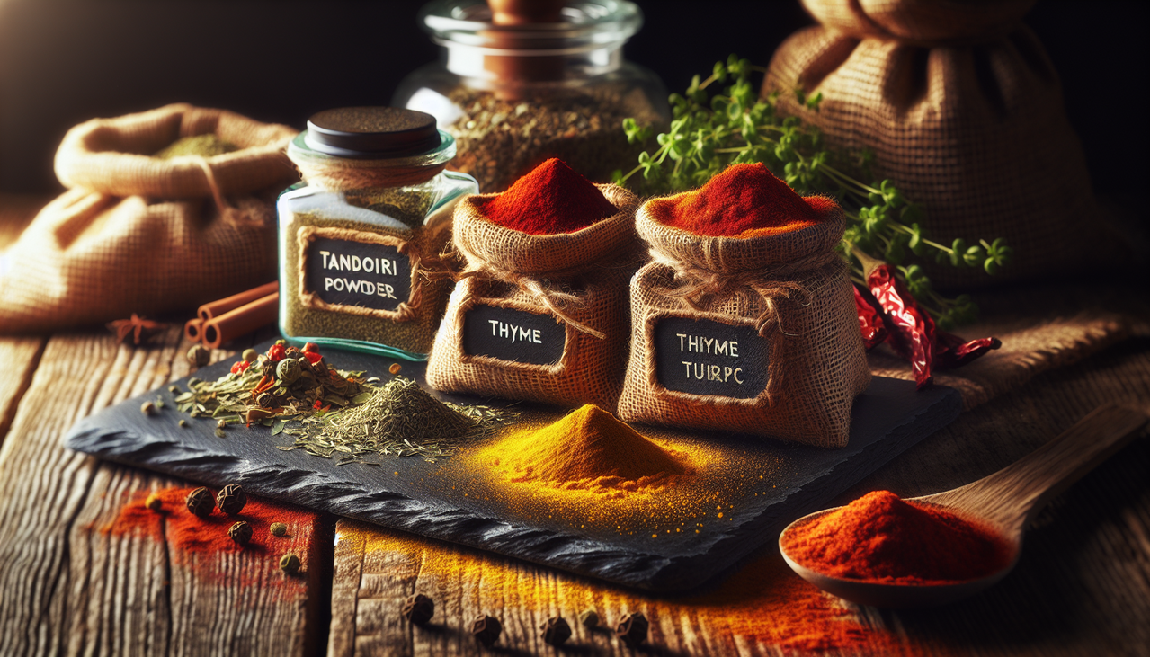 Epices en T sur table en bois : Tandoori, Thym, Curcuma. Texture et couleurs vives.