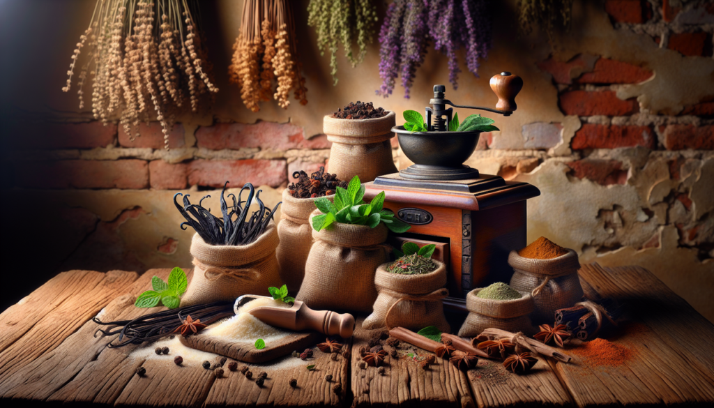 Épice en V sur table en bois avec feuilles de verveine, gousses de vanille et fleurs de violette.