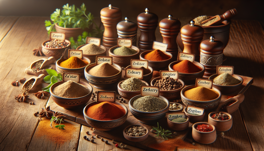 Épices en Z dans bols sur table en bois avec étiquettes manuscrites.
