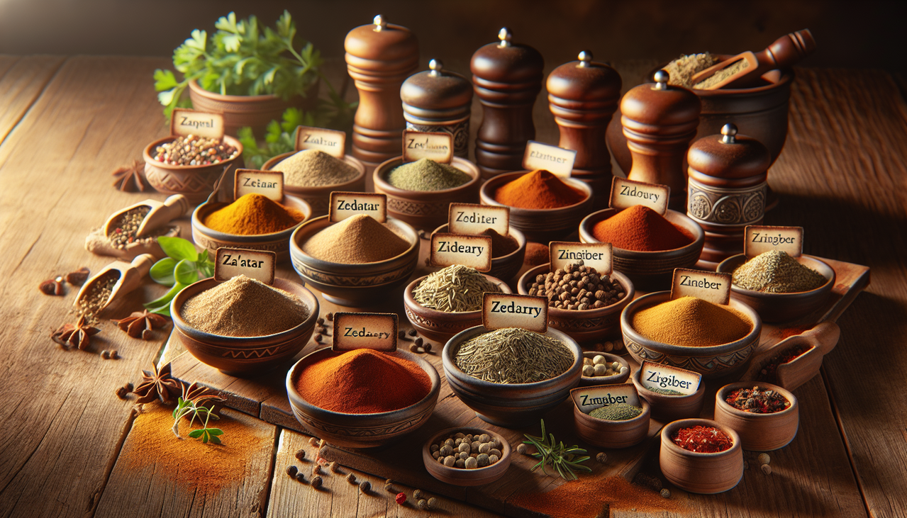 Épices en Z dans bols sur table en bois avec étiquettes manuscrites.