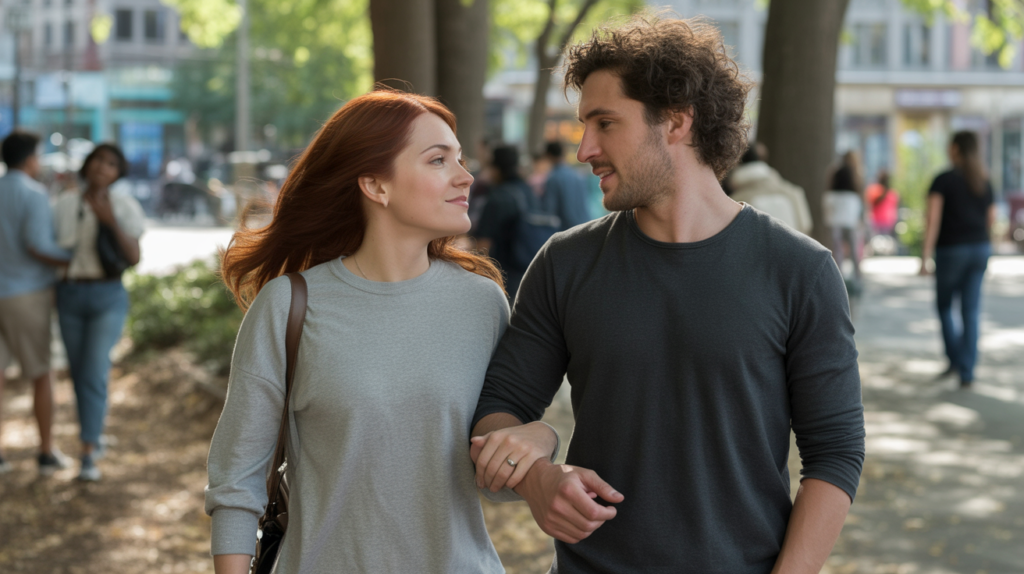 un couple se réconcilie lors d’une promenade ensoleillée dans un parc urbain, exprimant espoir et tendresse avec un style photographique réaliste et naturel